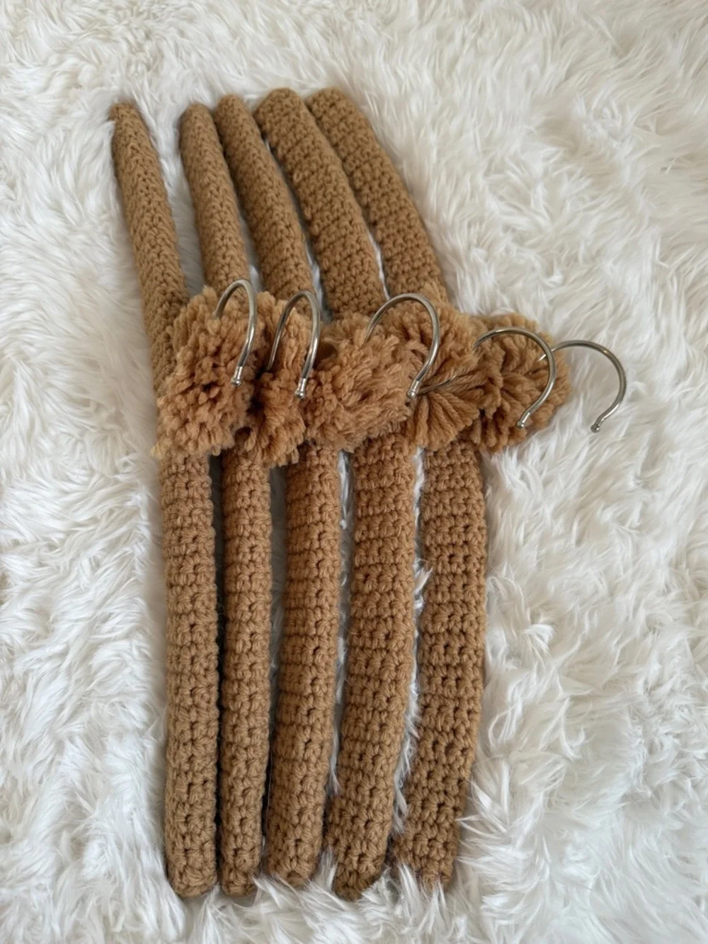 Set of 5 Camel Crochet Velvet-Covered Coat Hangers with Pom Trim